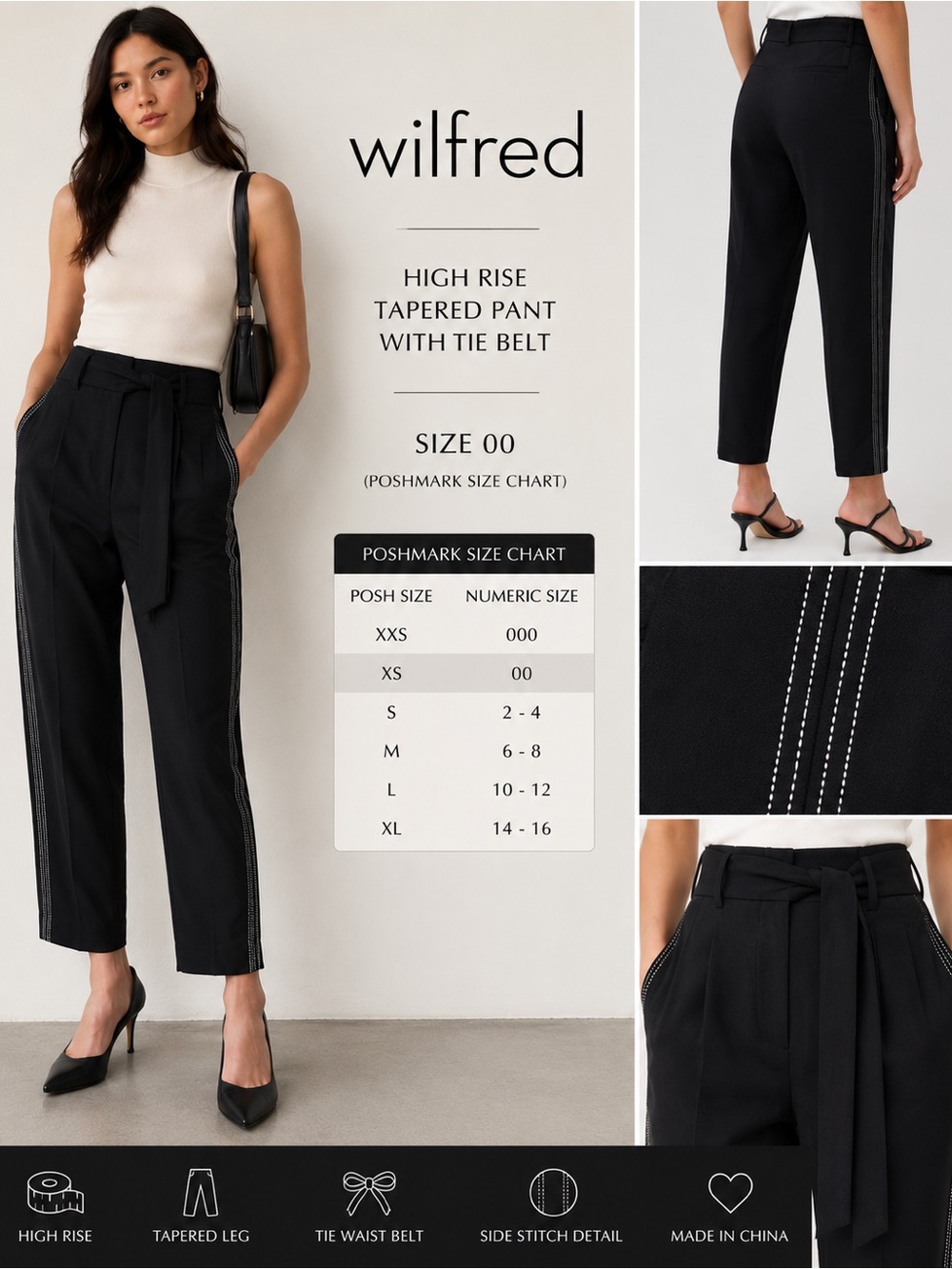 Wilfred Black High-Rise Tapered Trousers with Tie Belt